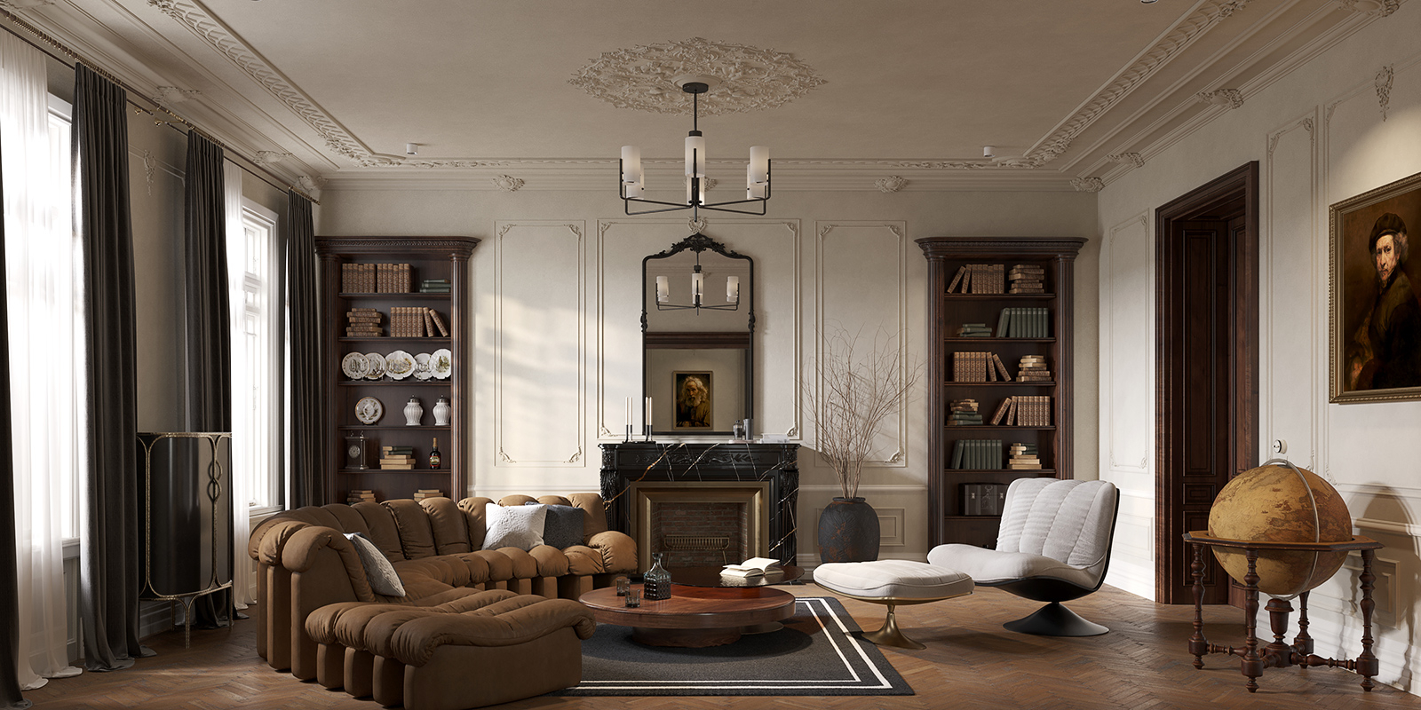 Classic living room with sculptural armchairs, marble fireplace, and soft morning light — timeless elegance with a touch of softness at Maison Révèle.